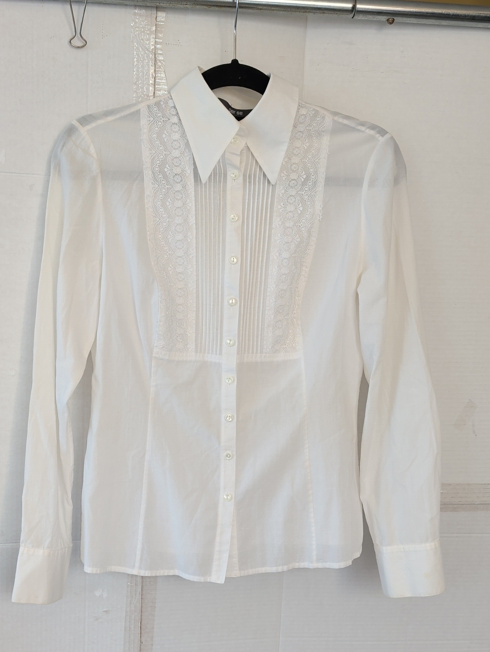 Per Se White Lace Bib Button Up Blouse SZ 6 Chic Academia Office Soft Comfy